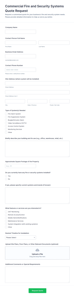 Commercial Fire And Security Systems Quote Request Form Template