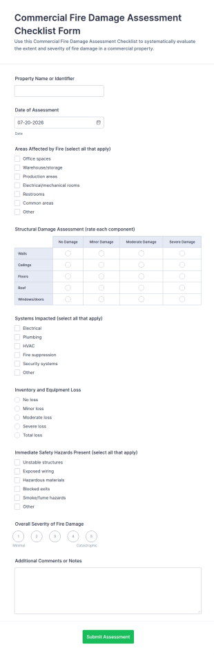 Commercial Fire Damage Assessment Checklist Form Template