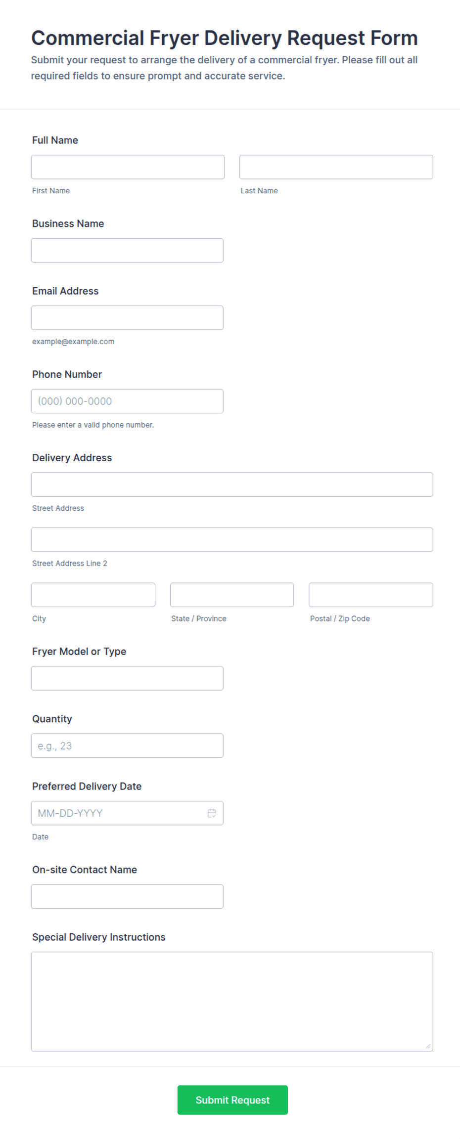 Commercial Fryer Delivery Request Form Template | Jotform