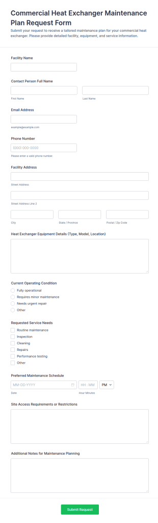 Commercial Heat Exchanger Maintenance Plan Request Form Template