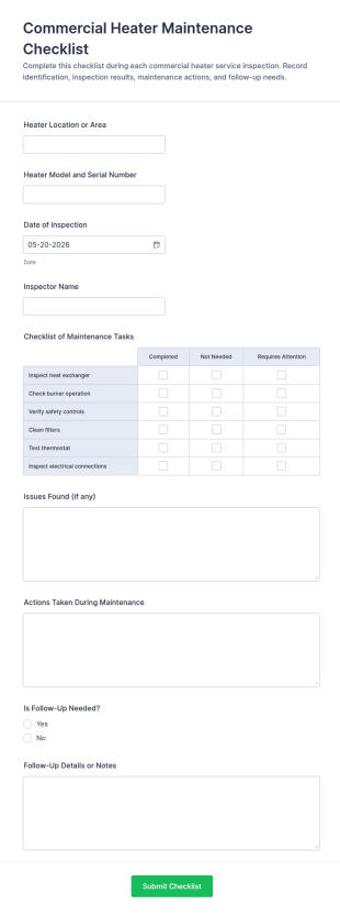 Commercial Heater Maintenance Checklist Form Template
