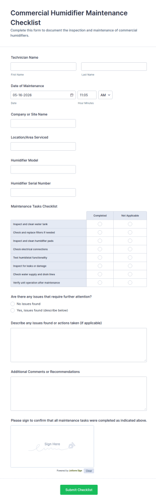 Commercial Humidifier Maintenance Checklist Form Template