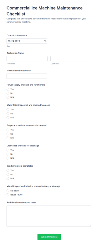 Commercial Ice Machine Maintenance Checklist Form Template