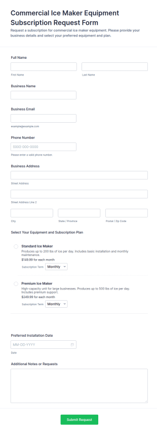 Commercial Ice Maker Equipment Subscription Request Form Template