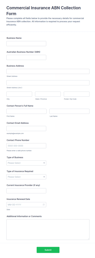 Commercial Insurance ABN Collection Form Template
