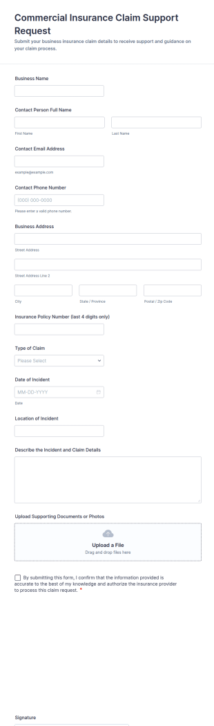 Commercial Insurance Claim Support Request Form Template