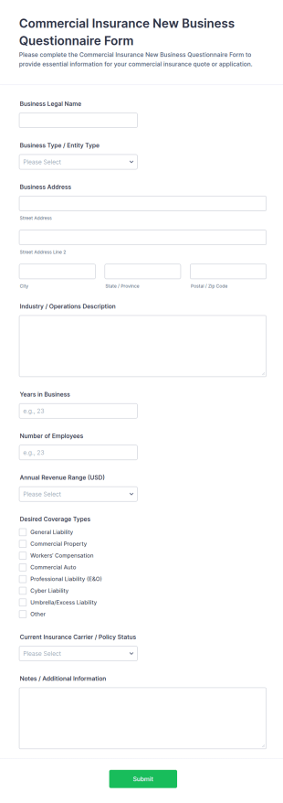 Commercial Insurance New Business Questionnaire Form Template