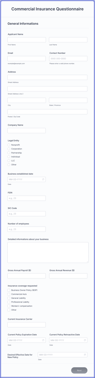Commercial Insurance Questionnaire Form Template