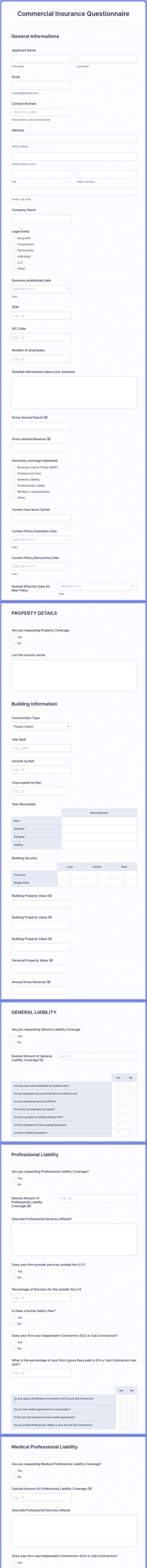 Commercial Insurance Questionnaire Form Template