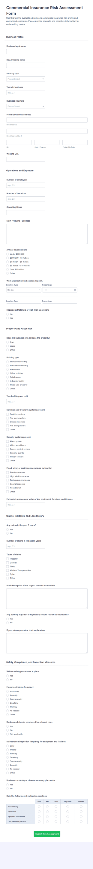 Commercial Insurance Risk Assessment Form Template