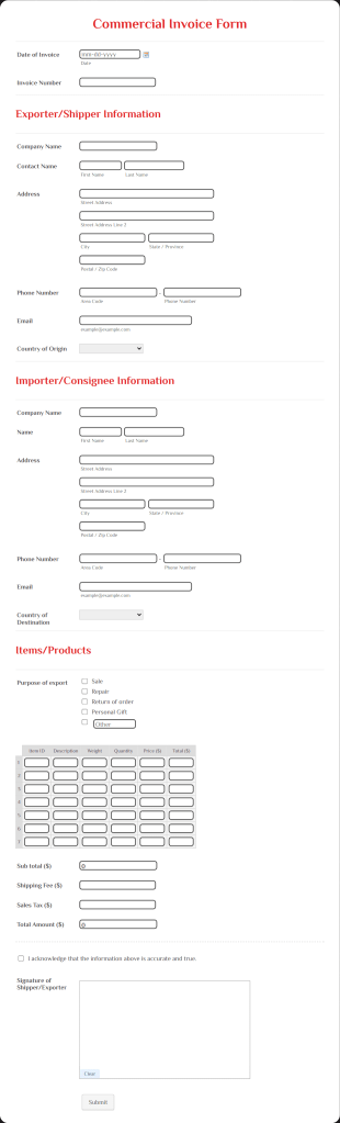 Commercial Invoice Form Template
