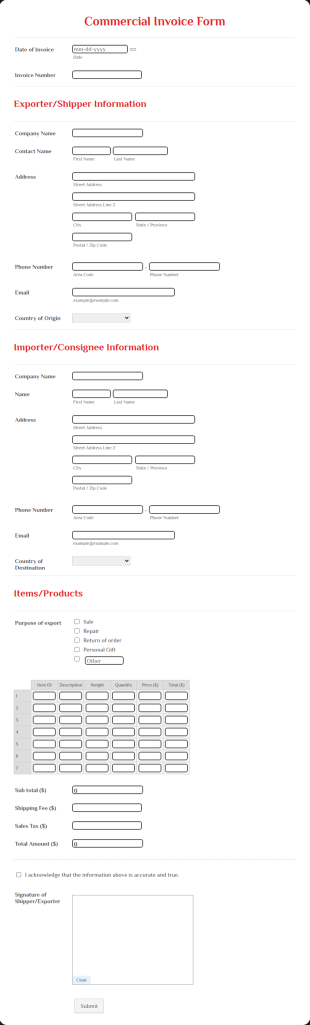Commercial Invoice Form Template