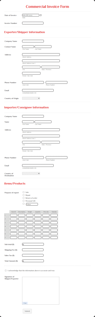 Commercial Invoice Form Template