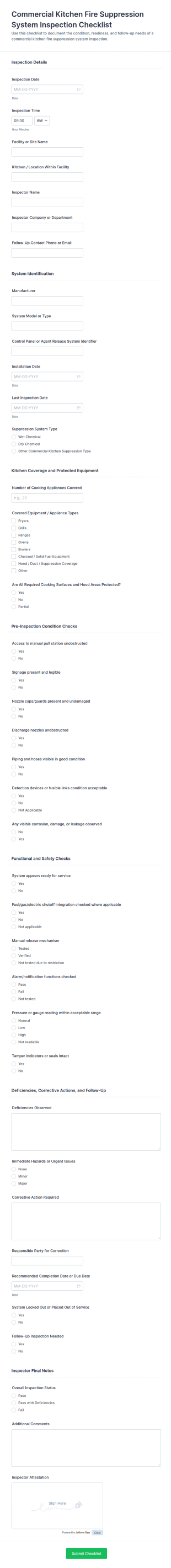 Commercial Kitchen Fire Suppression System Inspection Checklist Form Template