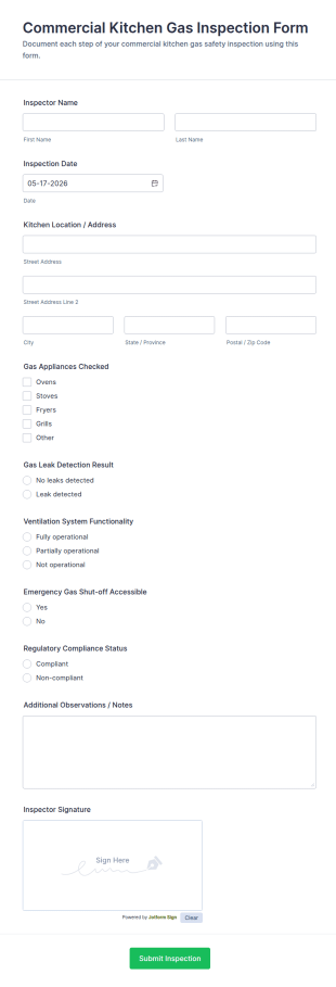Commercial Kitchen Gas Inspection Form Template