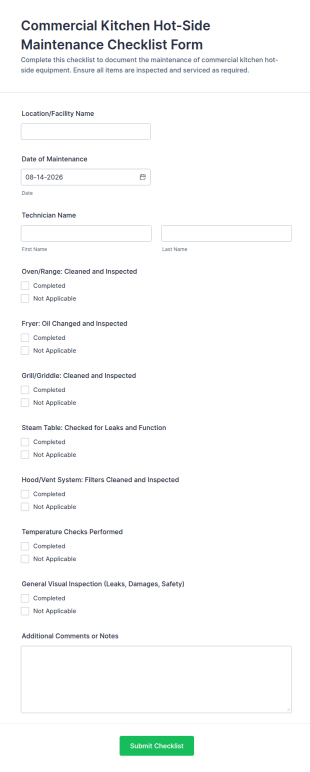 Commercial Kitchen Hot Side Maintenance Checklist Form Template