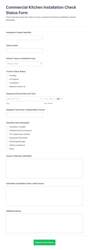 Commercial Kitchen Installation Check Status Form Template