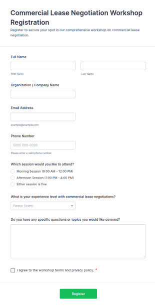 Commercial Lease Negotiation Workshop Registration Form Template