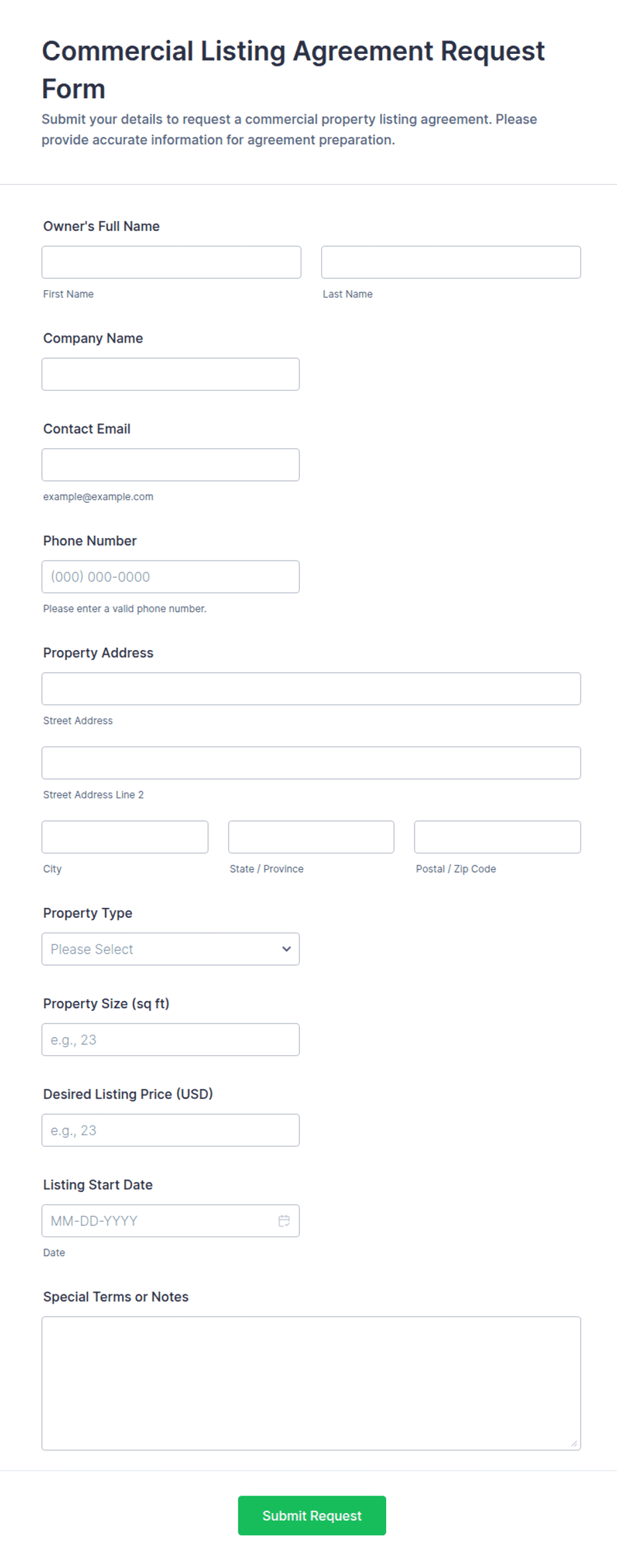 Commercial Listing Agreement Request Form Template | Jotform