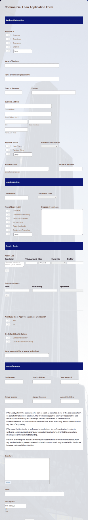 Commercial Loan Application Form Template