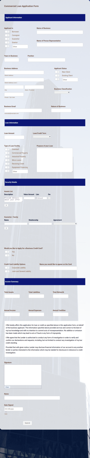 Commercial Loan Application Form Template