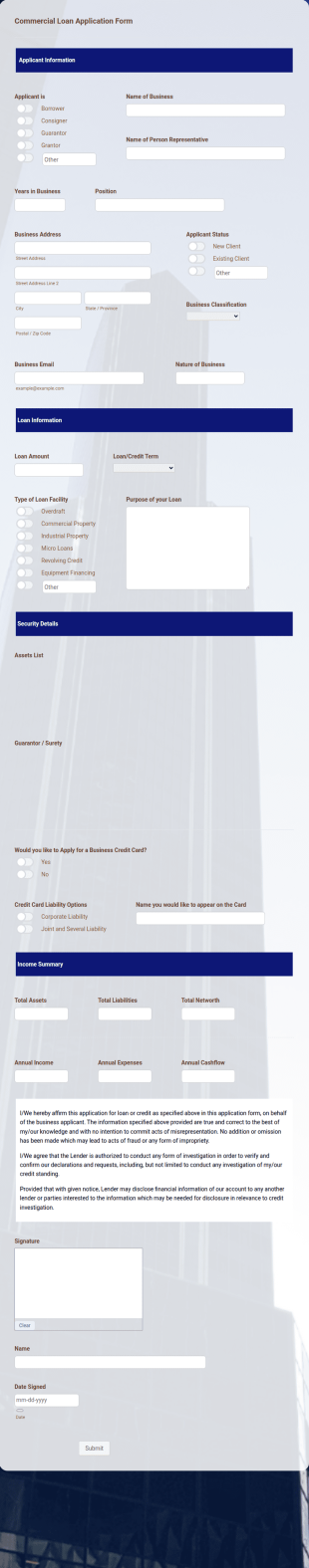 Commercial Loan Application Form Template