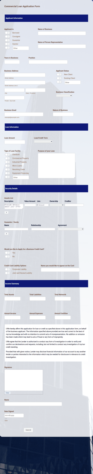 Commercial Loan Application Form Template