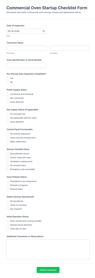 Commercial Oven Startup Checklist Form Template