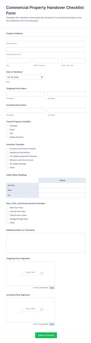 Commercial Property Handover Checklist Form Template