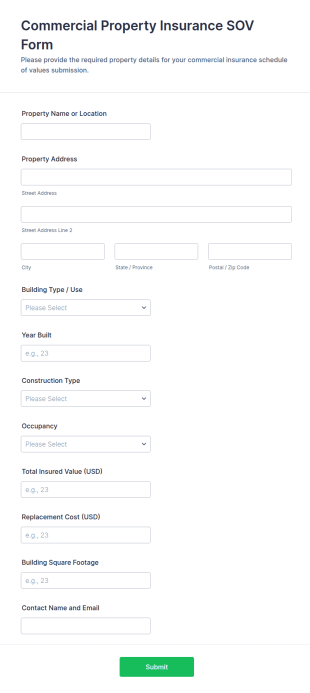 Commercial Property Insurance SOV Form Template