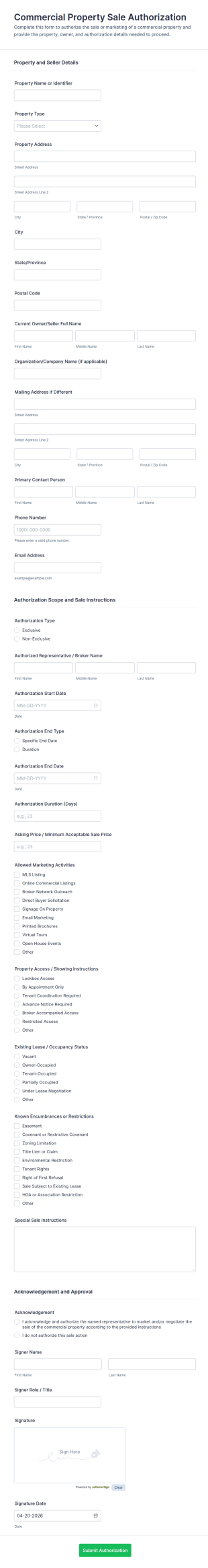 Commercial Property Sale Authorization Form Template