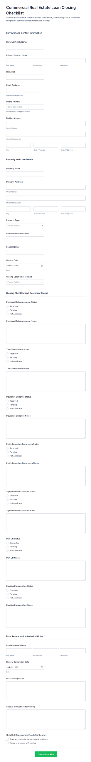 Commercial Real Estate Loan Closing Checklist Form Template