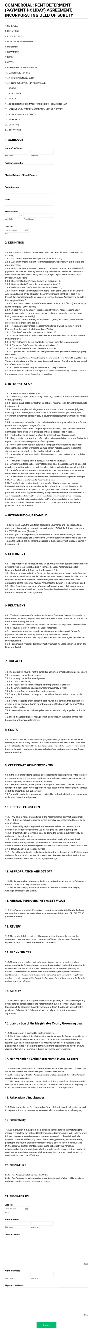 Commercial: Rent Deferment (Payment Holiday) Agreement, Incorporating Deed Of Surety Form Template