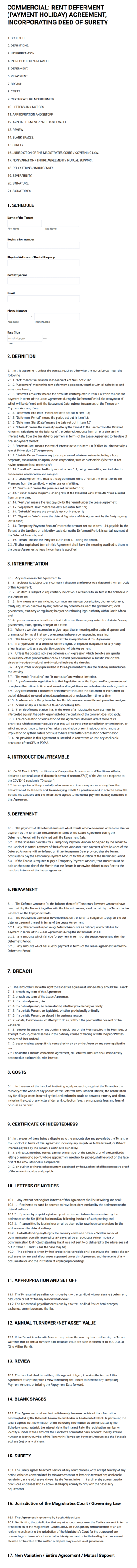 Commercial: Rent Deferment (Payment Holiday) Agreement, Incorporating Deed Of Surety Form Template