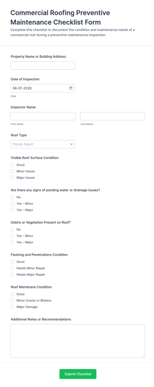 Commercial Roofing Preventive Maintenance Checklist Form Template