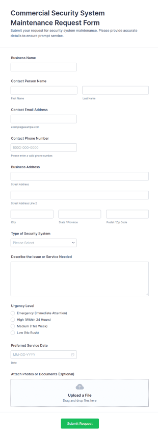 Commercial Security System Maintenance Request Form Template