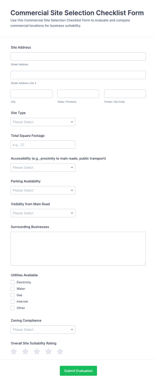 Commercial Site Selection Checklist Form Template
