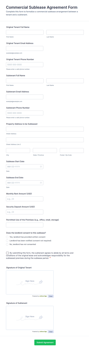 Commercial Sublease Agreement Form Template