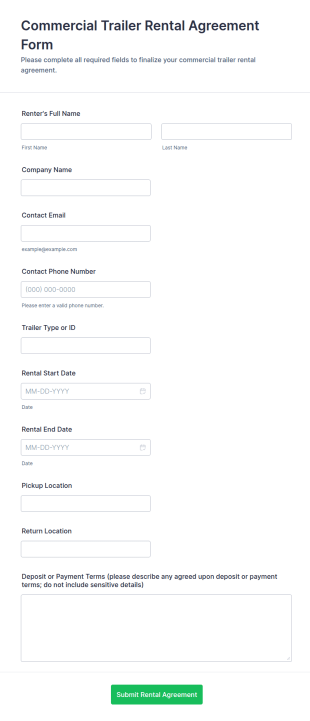 Commercial Trailer Rental Agreement Form Template