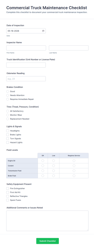 Commercial Truck Maintenance Checklist Form Template