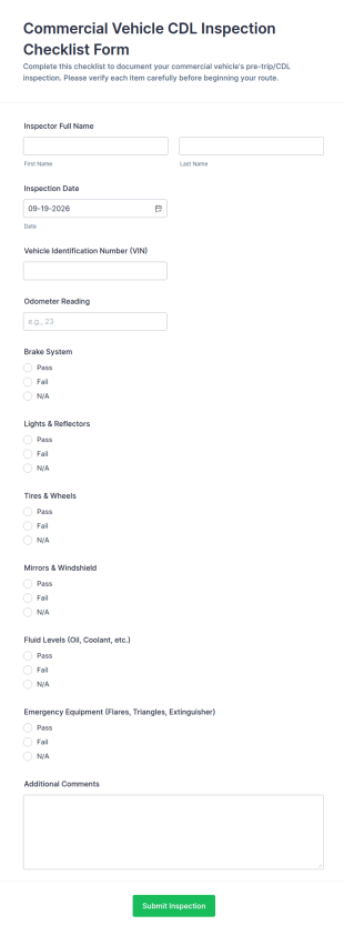 Commercial Vehicle CDL Inspection Checklist Form Template