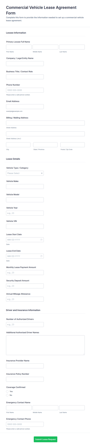 Commercial Vehicle Lease Agreement Form Template