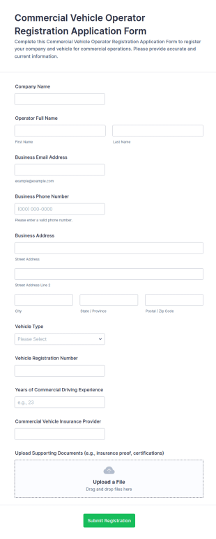 Commercial Vehicle Operator Registration Form Template