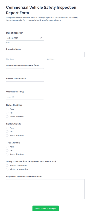 Commercial Vehicle Safety Inspection Report Form Template