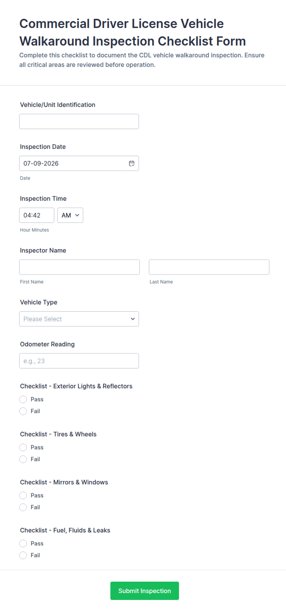 Commercial Vehicle Walkaround Inspection Form Template | Jotform