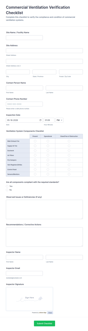 Commercial Ventilation Verification Checklist Form Template