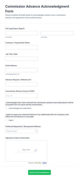 Commission Advance Acknowledgment Form Template