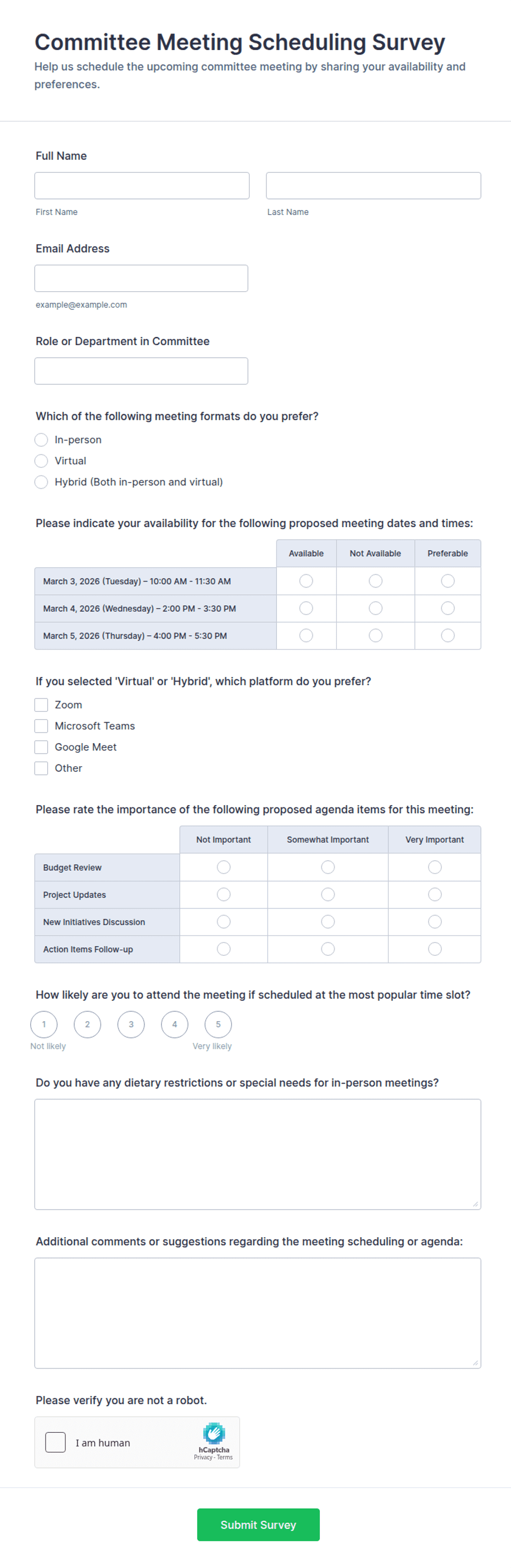 Committee Form Committee Meeting Scheduling Survey Form Template | Jotform