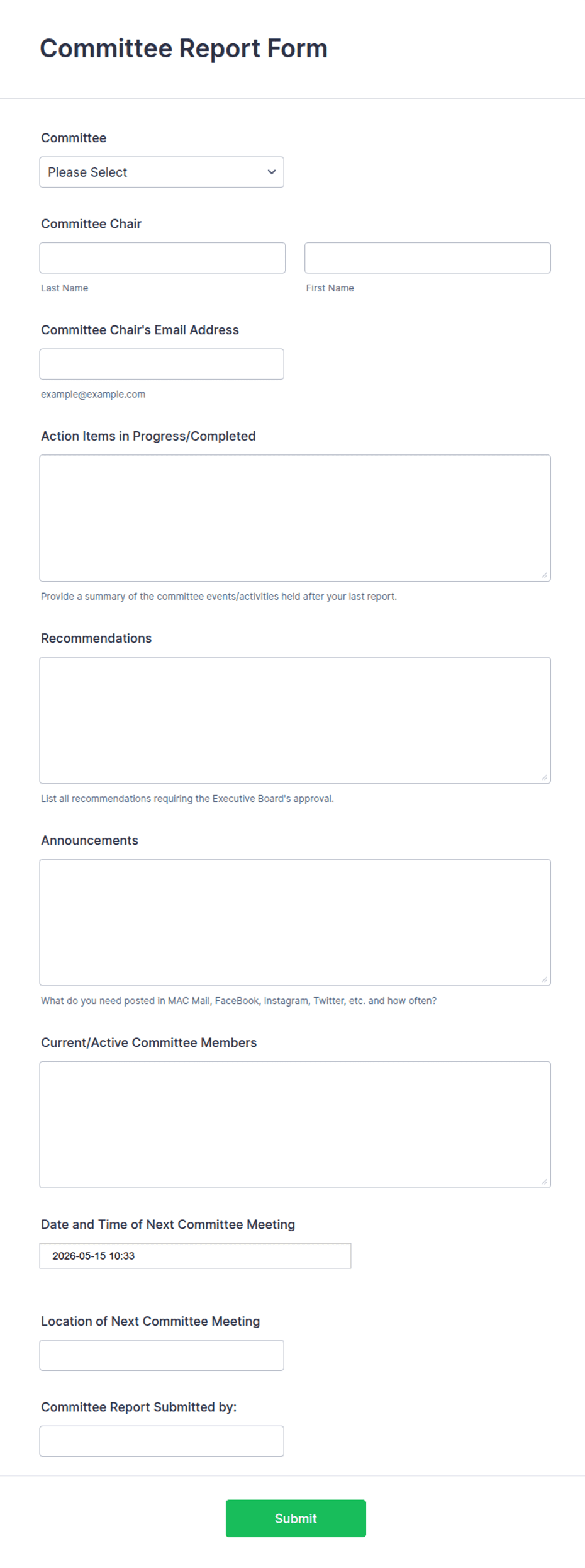 Committee Documentation Examples Committee Report Form Template | Jotform
