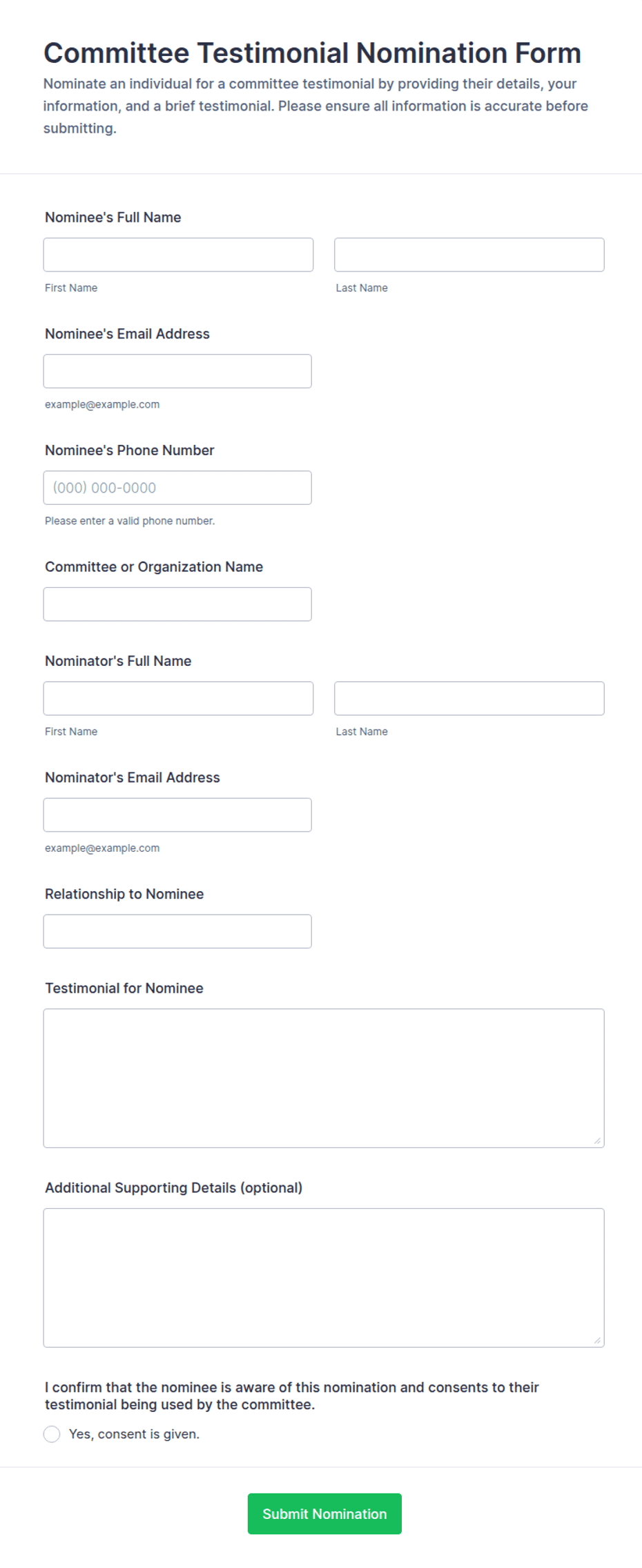 Committee Email Template Committee Testimonial Nomination Form Template | Jotform